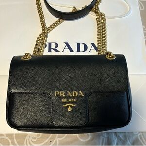 Prada Black Saffiano Leather Shoulder Bag with Gold Chain